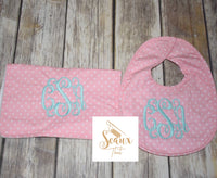 Pink Polka dot Bib and burp set